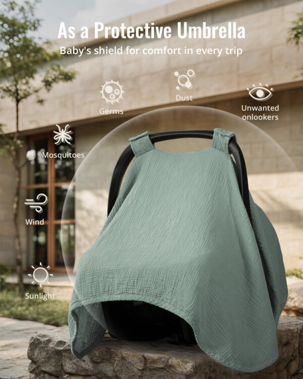 Blissful Diary Baby Car Seat Cover, Extra Large Mesh Window, Breathable Muslin Cotton, Infant Windproof Canopy, Must-Have Baby Gift - Roman Green
