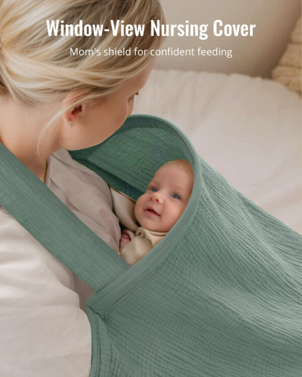 Blissful Diary Baby Car Seat Cover, Extra Large Mesh Window, Breathable Muslin Cotton, Infant Windproof Canopy, Must-Have Baby Gift - Roman Green