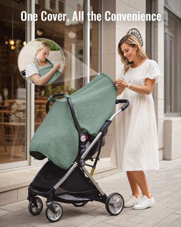 Blissful Diary Baby Car Seat Cover, Extra Large Mesh Window, Breathable Muslin Cotton, Infant Windproof Canopy, Must-Have Baby Gift - Roman Green