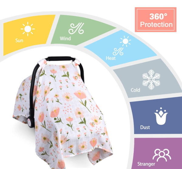 Muslin Carseat Cover for Babies, Metplus Breathable Infant Carseat Cover Lightweight Baby Carrier Cover for Girls Boys, Fit Spring Summer/Hot Days/Warm Weather, Pink Floral