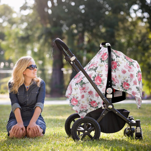 Muslin Carseat Cover for Babies, Metplus Breathable Infant Carseat Cover Lightweight Baby Carrier Cover for Girls Boys, Fit Spring Summer/Hot Days/Warm Weather, Pink Floral