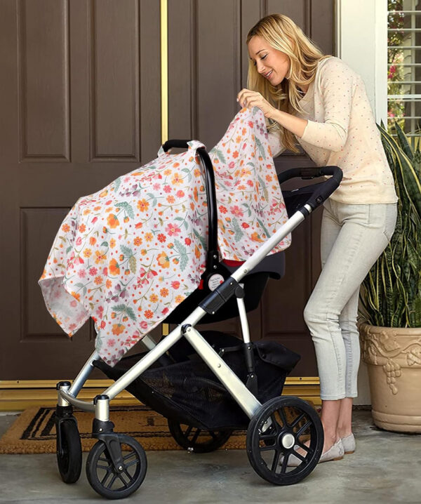 Muslin Carseat Cover for Babies, Metplus Breathable Infant Carseat Cover Lightweight Baby Carrier Cover for Girls Boys, Fit Spring Summer/Hot Days/Warm Weather, Pink Floral