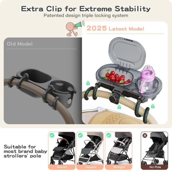 3-in-1 Universal Stroller Snack Tray Attachment with Dust Cover Sturdy Stroller Cup Snack Holder Clamp & Silicone Arms Grip Design Baby Travel Gear Accessories Detachable Dishwasher-Safe Universal Fit