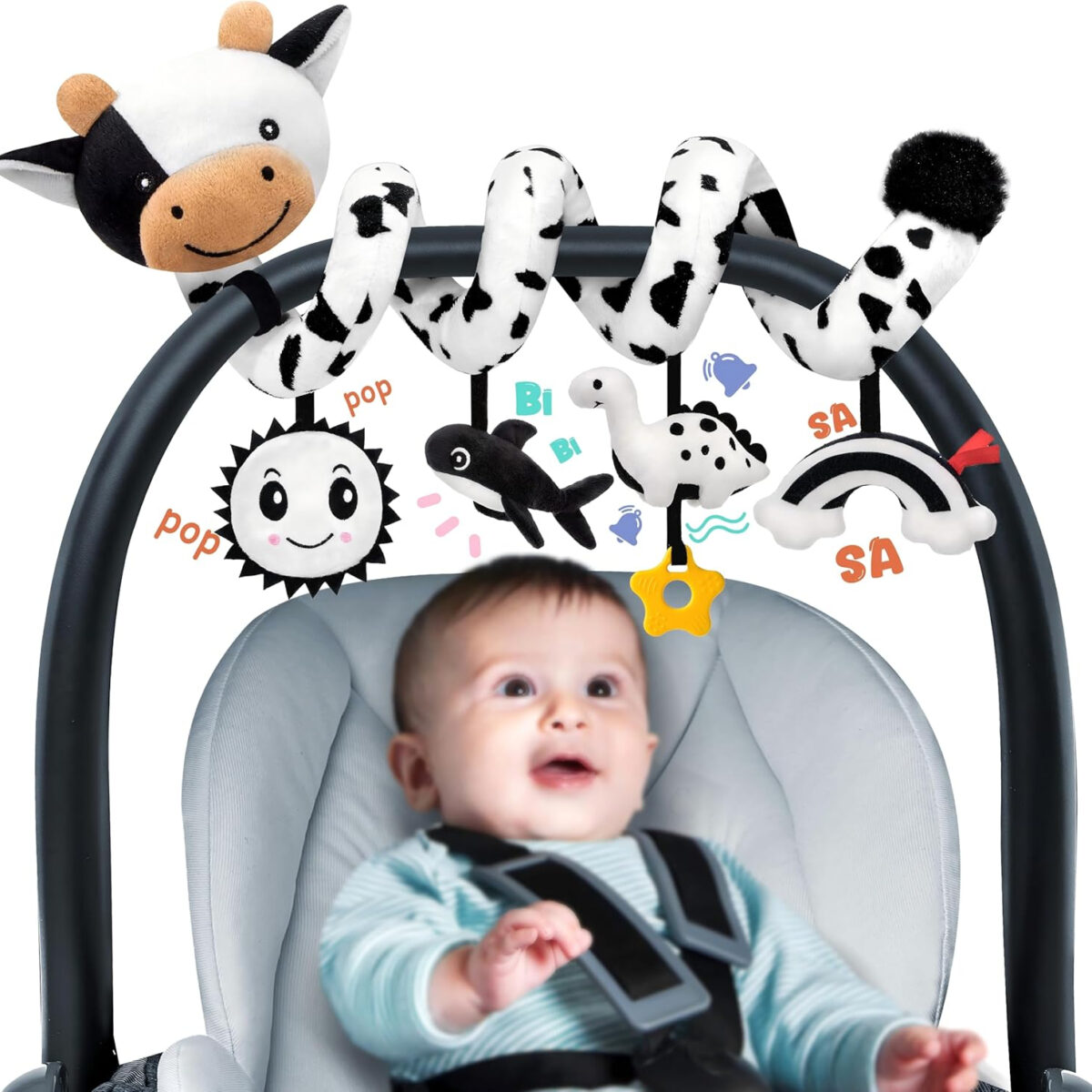 Spiral Car Seat Baby Toys 0-6 Months, Infant Carseat High Contrast Sensory Toys Hanging Stroller Accessories, Newborn Gifts for Baby Boys Girls Essentials, Cute Black and White Cow