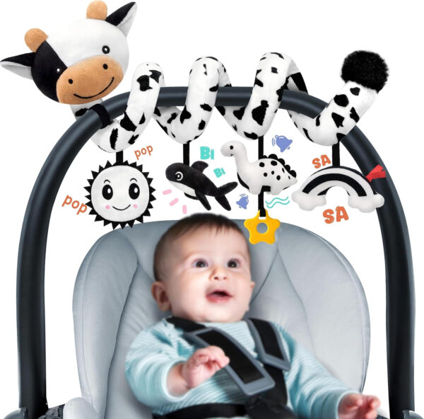Spiral Car Seat Baby Toys 0-6 Months, Infant Carseat High Contrast Sensory Toys Hanging Stroller Accessories, Newborn Gifts for Baby Boys Girls Essentials, Cute Black and White Cow